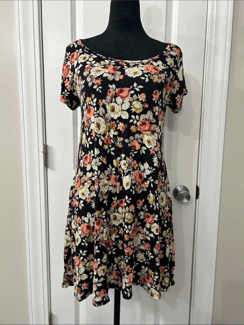 Black Floral Mini Dress with Coral and Cream Roses